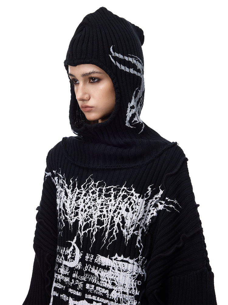 PINKSPINK THORN SIGNAL hooded graphic knit sweater — three-quarter close-up of pointed knit hood