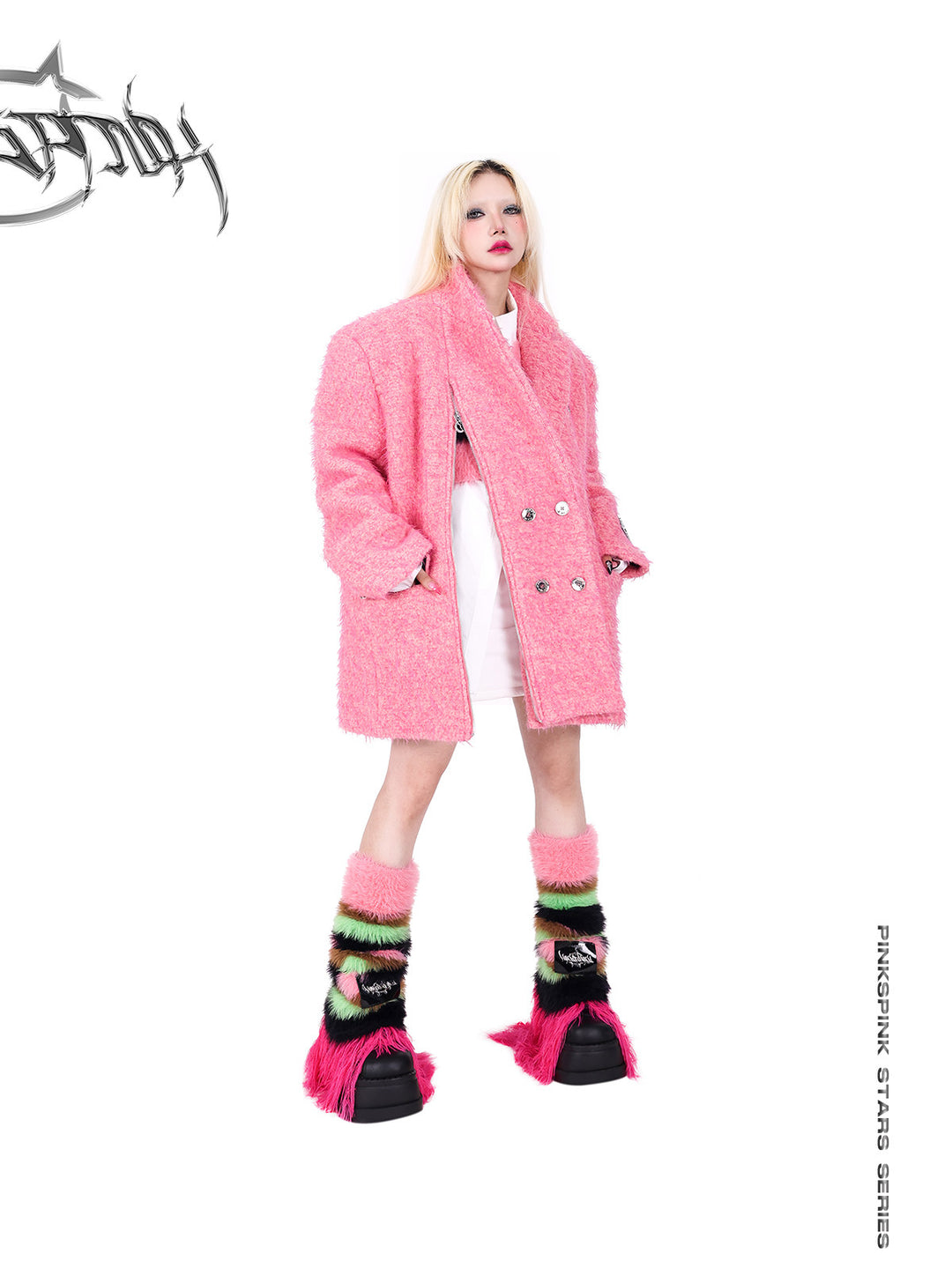 PINKSPINK FUTURE COLOR striped knit leg warmers — modeled front styling view