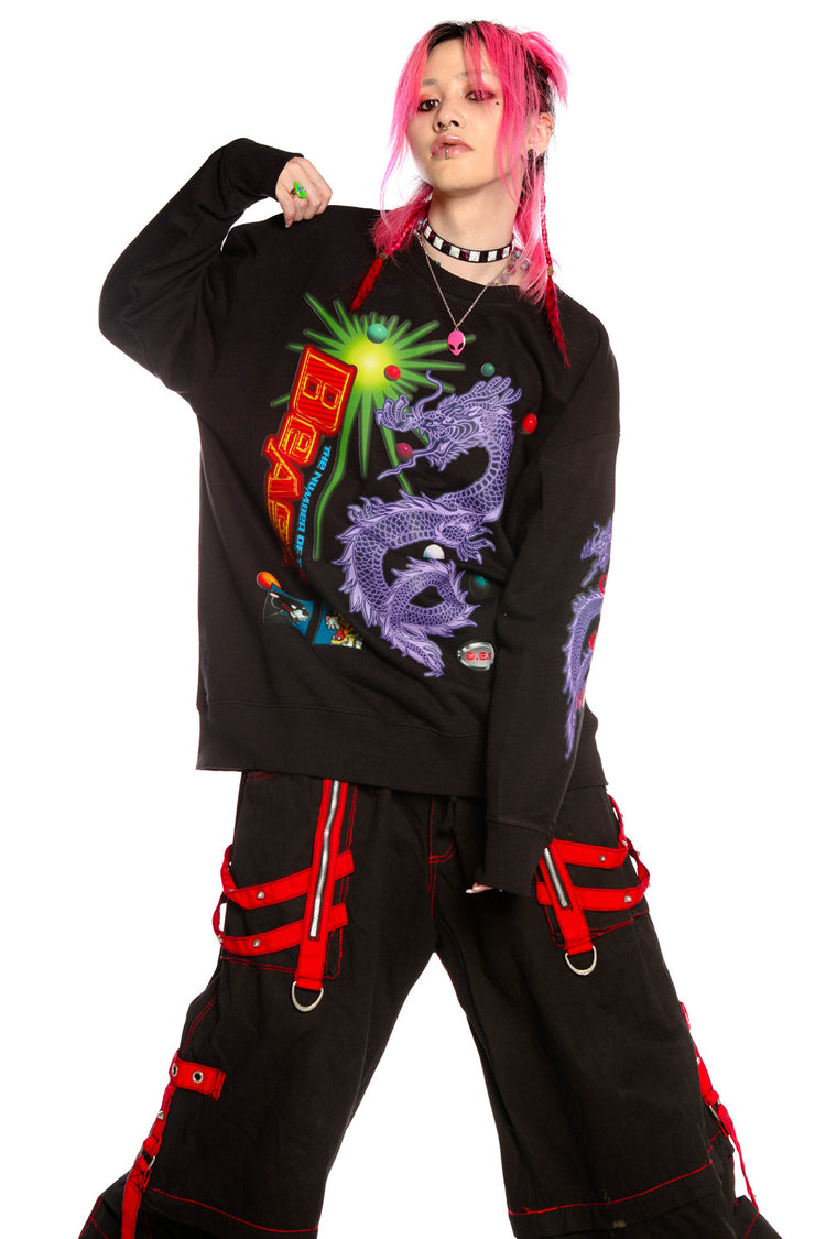DEADENDKIDS DRAGON PUNK graphic sweatshirt — alternate modeled angle