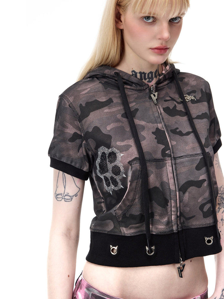 PINKSPINK CATPAW cropped cat-ear zip hoodie in gray-brown camouflage — chest close-up showing sparkling paw motifs and front pockets
