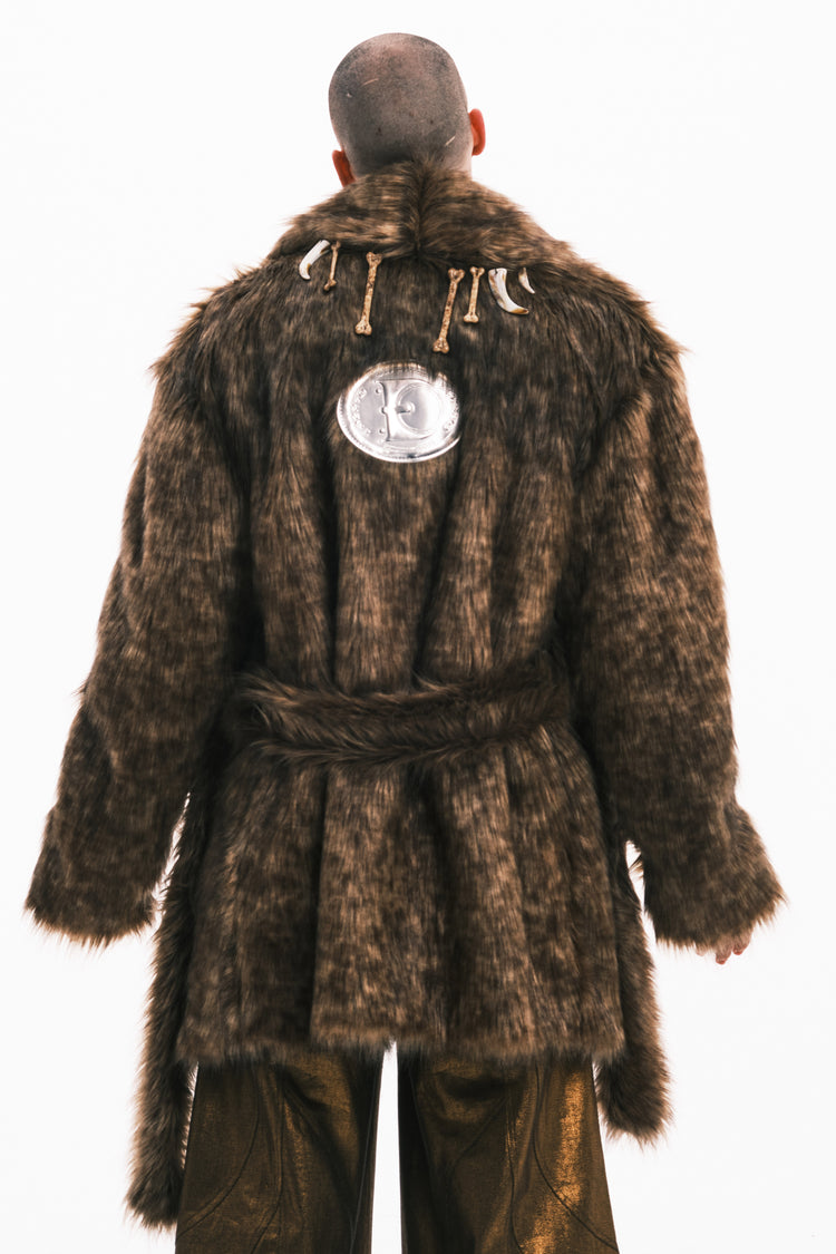 EMBRYO PRIMAL BONE mid-length faux-fur coat — close modeled view