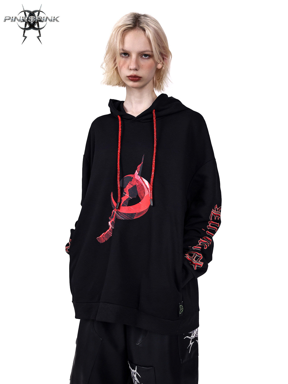 PINKSPINK MIRROR rhinestone-drawcord oversized hoodie — front modeled close-up in black showing the red moon graphic