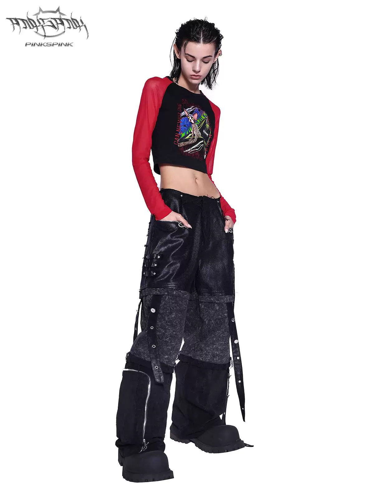 PINKSPINK SPHYNX red mesh-sleeve cropped graphic tee — black and red cropped tee — full-length front view looking down