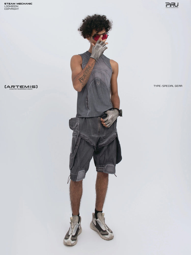 AEGIS stellar blue distressed mesh tank top — full-length front modeled view adjusting sunglasses