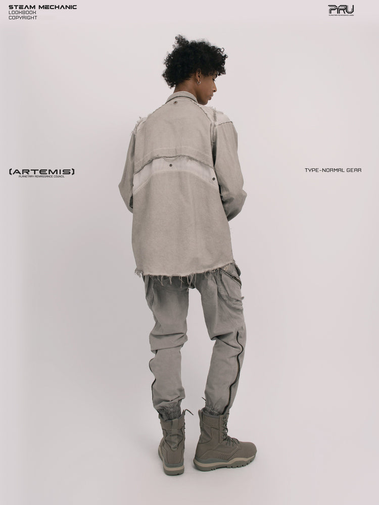 CHAOS ERA raw-edge technical shirt in nightfall gray — opposite rear three-quarter modeled view