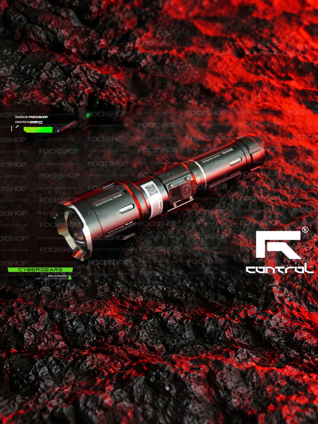 FOCKSHOP SHENGUANG zoom flashlight — red-lit three-quarter view showing the zoom head, power button and black aluminum housing