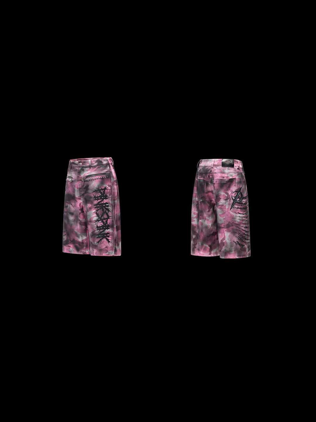 PINKSPINK ELECTRIC MOON coated camouflage denim shorts in pink-gray camouflage — front and back garment-only views on black