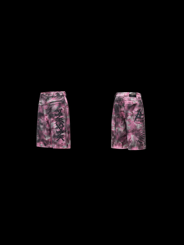 PINKSPINK ELECTRIC MOON coated camouflage denim shorts in pink-gray camouflage — front and back garment-only views on black
