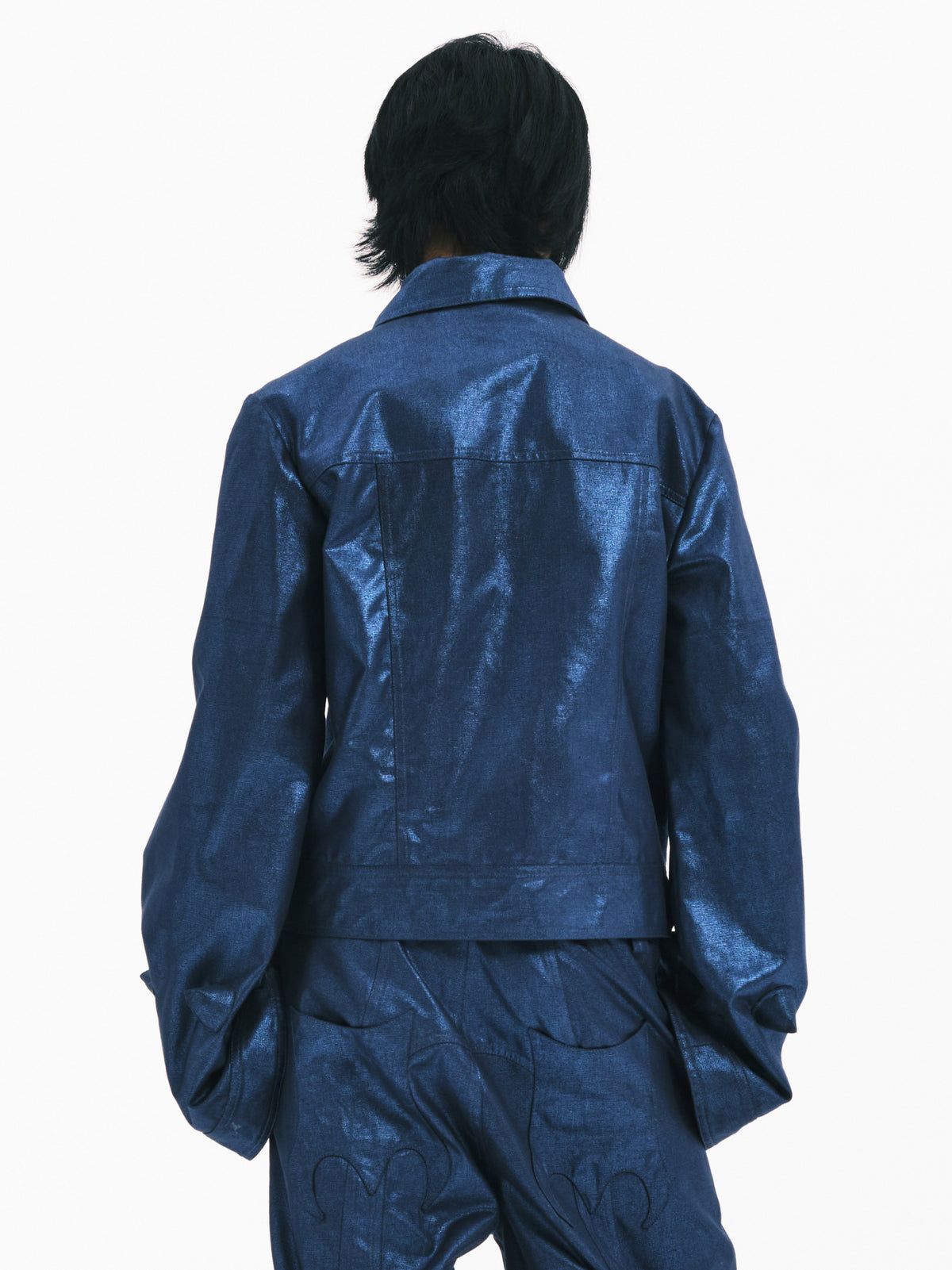 EMBRYO BLUE SPIKE metallic bell-sleeve jacket — alternate modeled angle