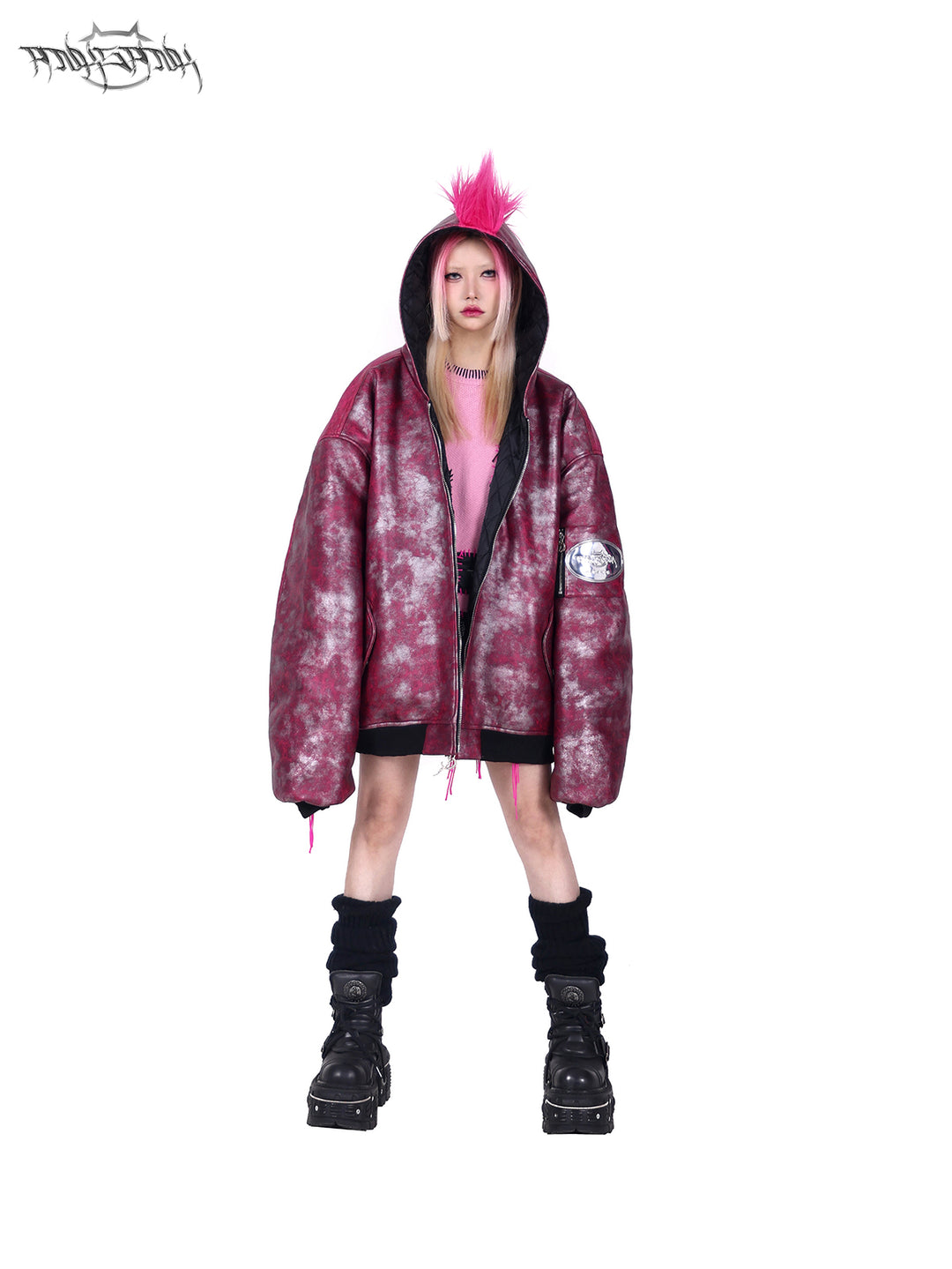 PINKSPINK COCKSCOMB mohawk padded jacket in PINK — hood-up open front view.
