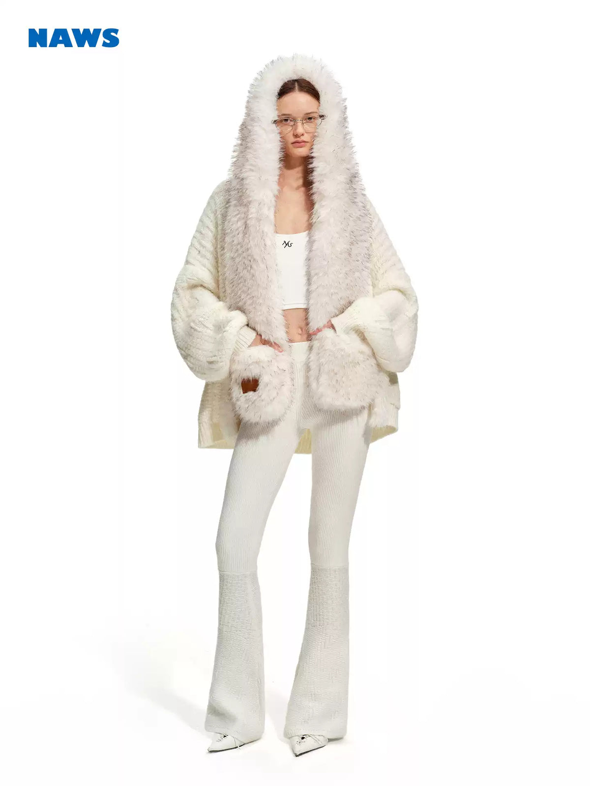 NAWS ARCTIC shearling-collar wool-mohair cardigan — modeled front styling view