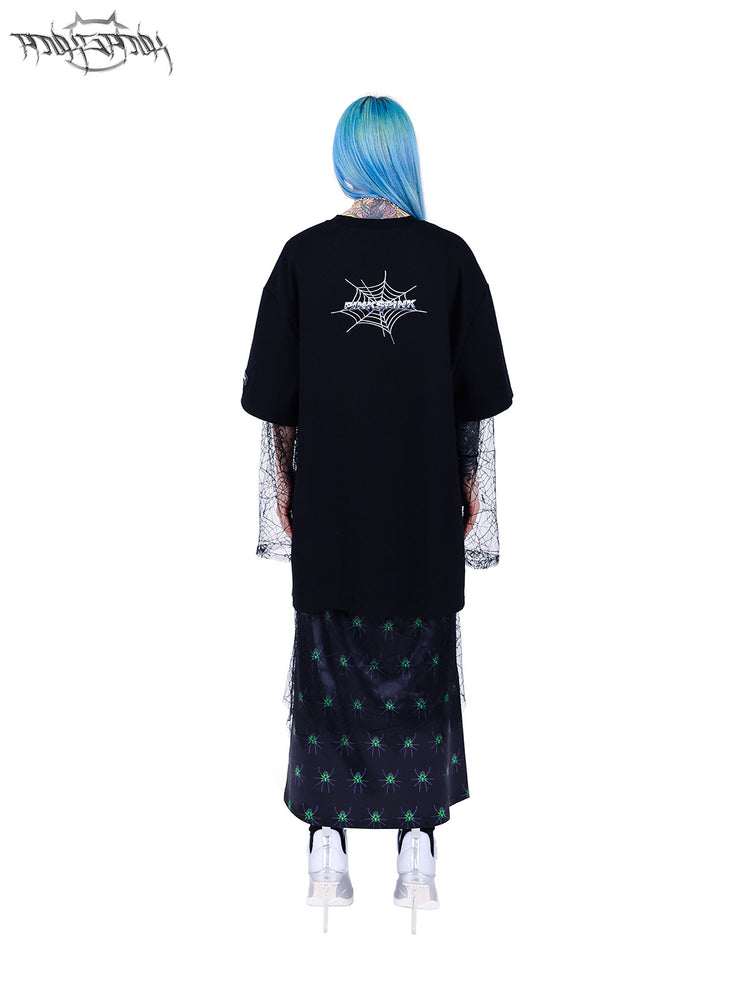PINKSPINK SPIDER layered web-mesh midi skirt — back full-length modeled view styled with an oversized spider tee