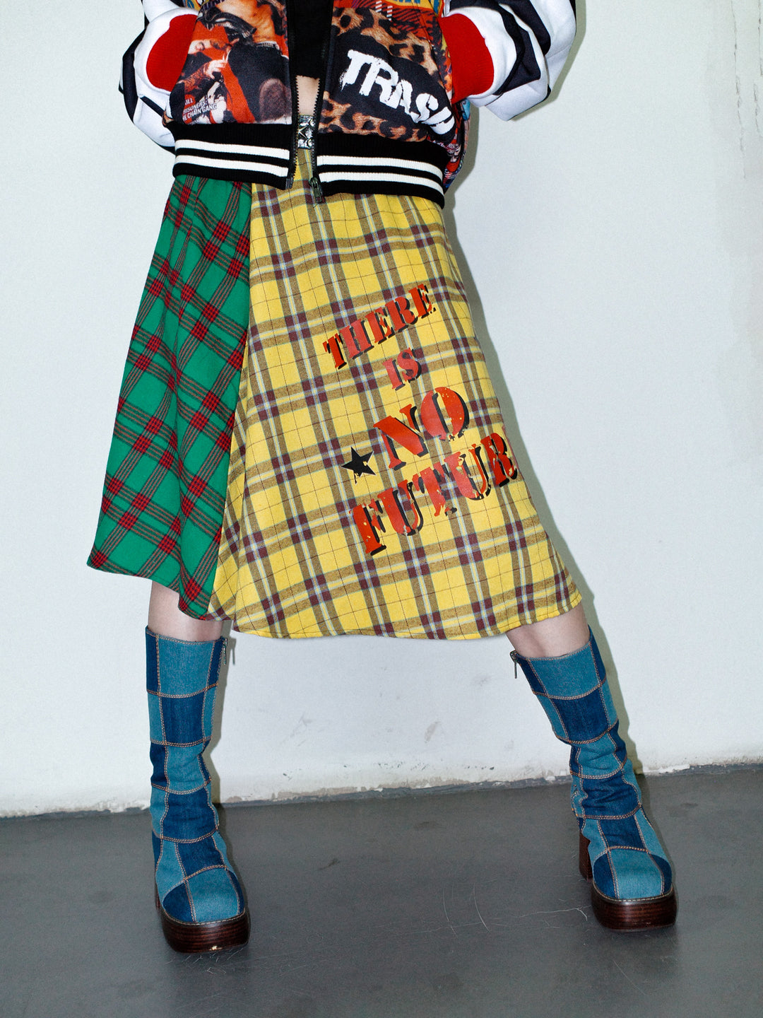 DeadEndKids BadGals Club double-sided plaid A-line skirt — yellow-green alternate front view