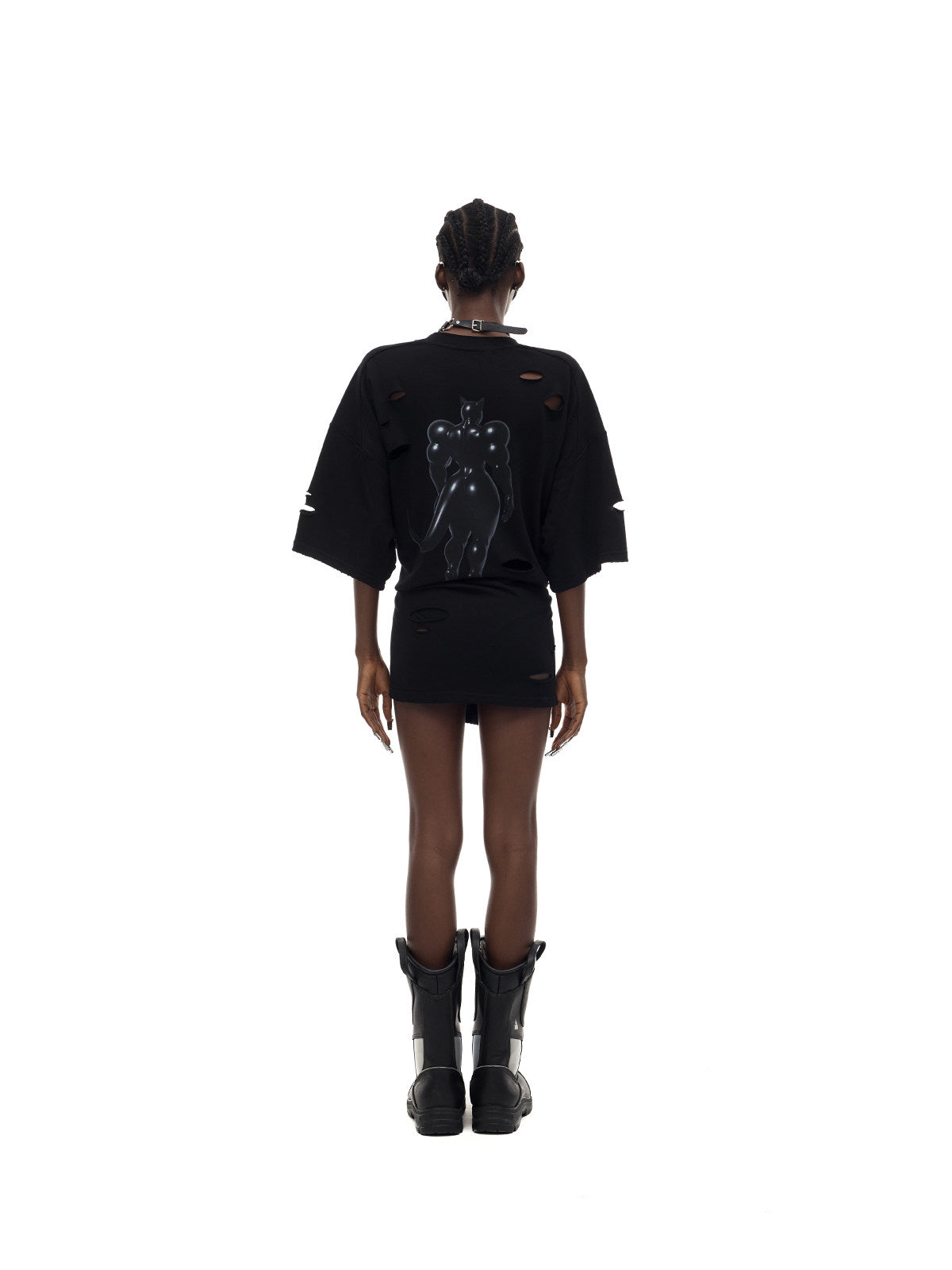 PINKSPINK FUTURE CAT distressed oversized tee in black — rear full-length modeled view with the waist cinched