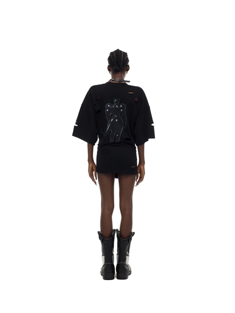 PINKSPINK FUTURE CAT distressed oversized tee in black — rear full-length modeled view with the waist cinched