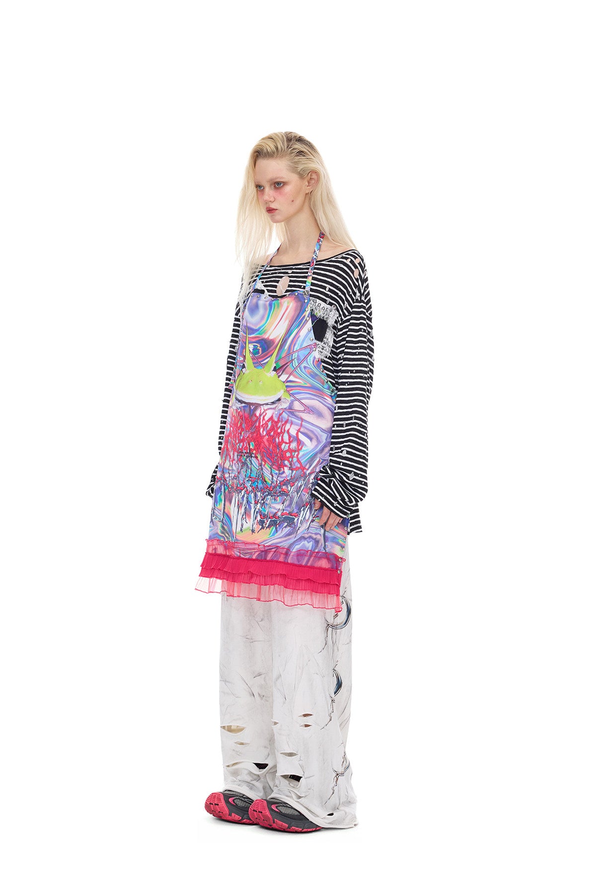 PINKSPINK ELECTRIC MOON coated distressed flare sweatpants — alternate angle showing the shape and finish