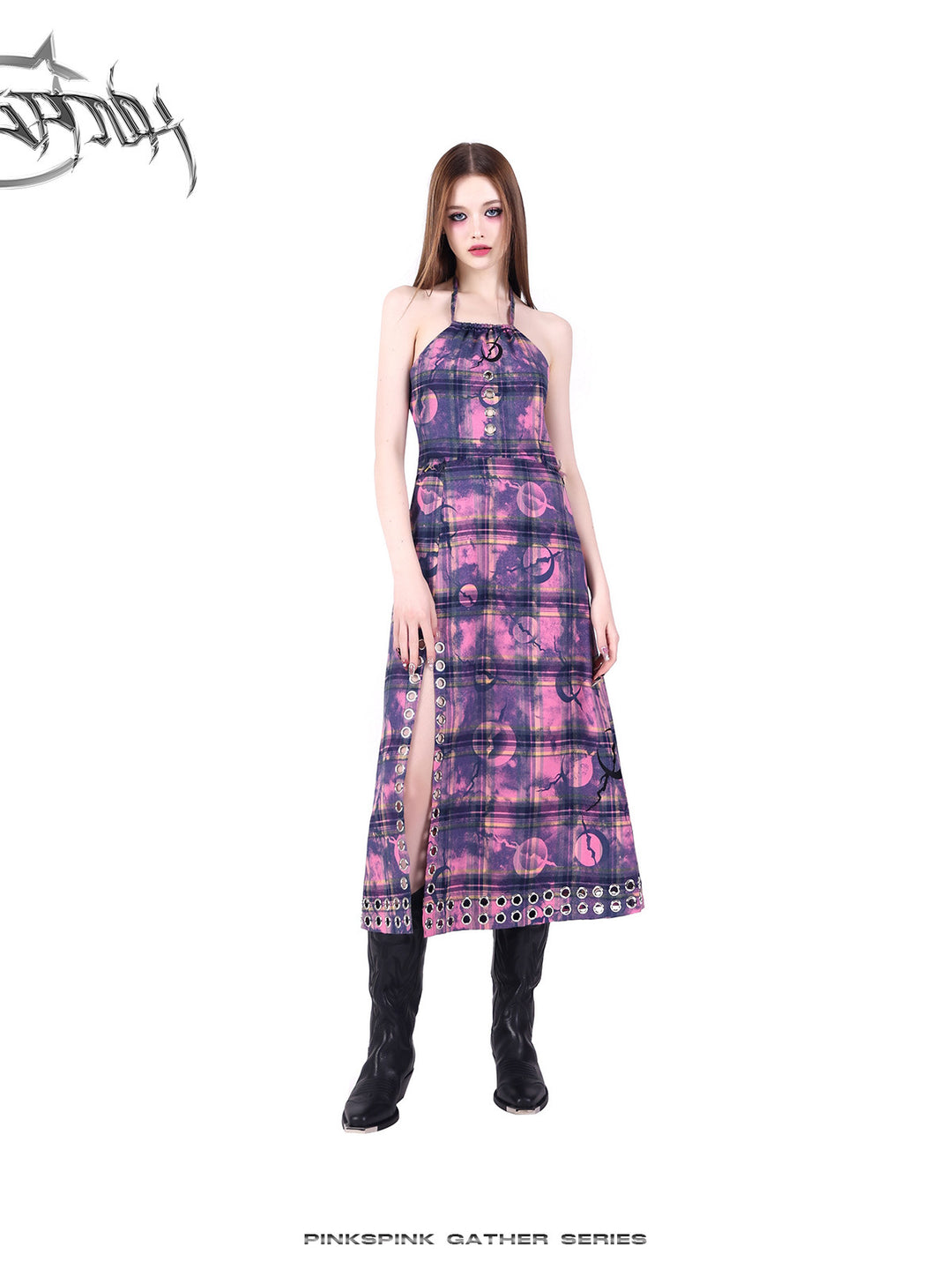 PINKSPINK WASTELAND eyelet plaid halter dress in pink purple — front full-length modeled view corresponding to the hero photograph