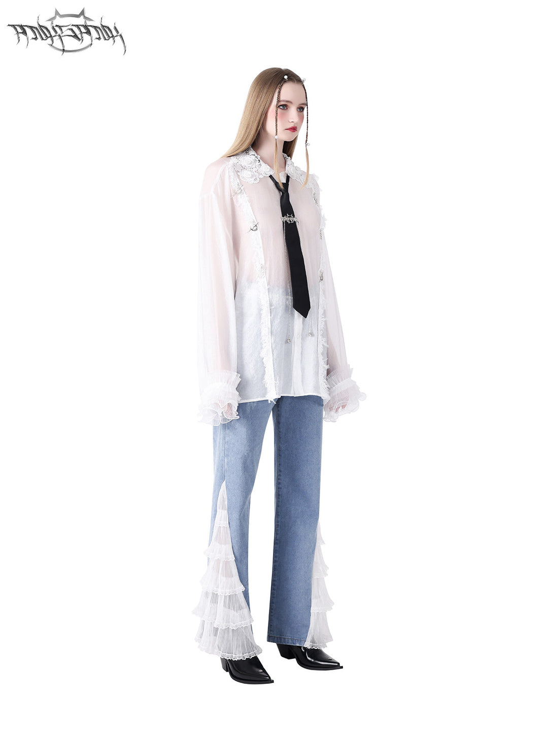 PINKSPINK FAIRY lace-trim sheer blouse — side full-length modeled view styled with jeans