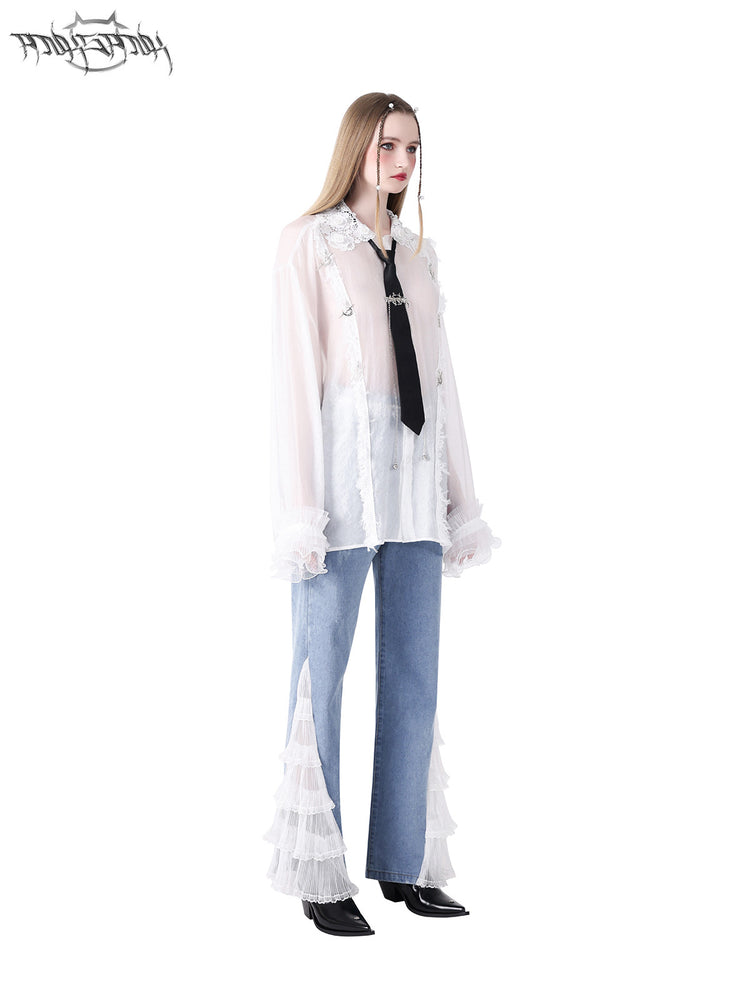 PINKSPINK FAIRY lace-trim sheer blouse — side full-length modeled view styled with jeans