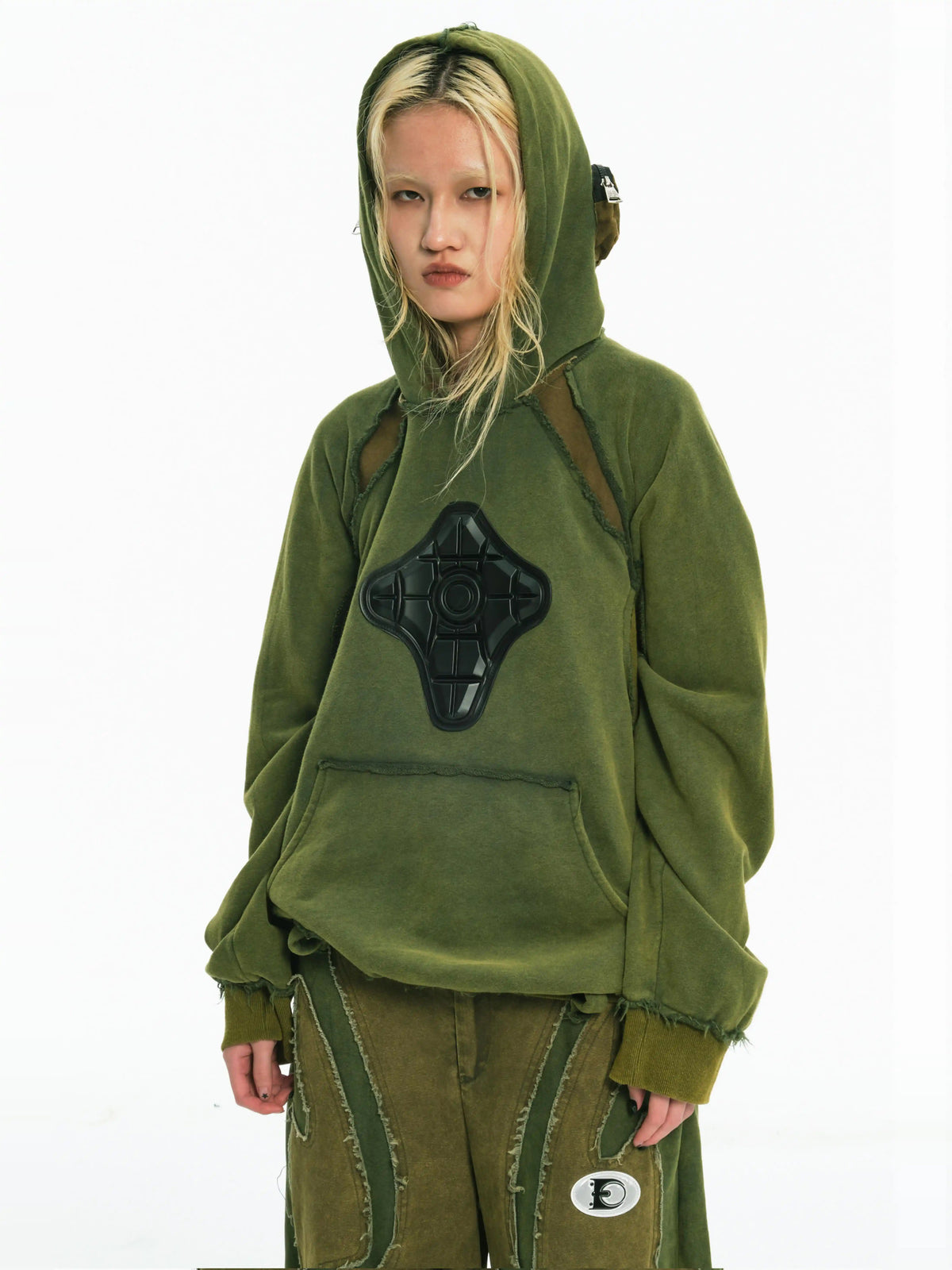 EMBRYO GREEN GUARD distressed armor hoodie — side or detail presentation