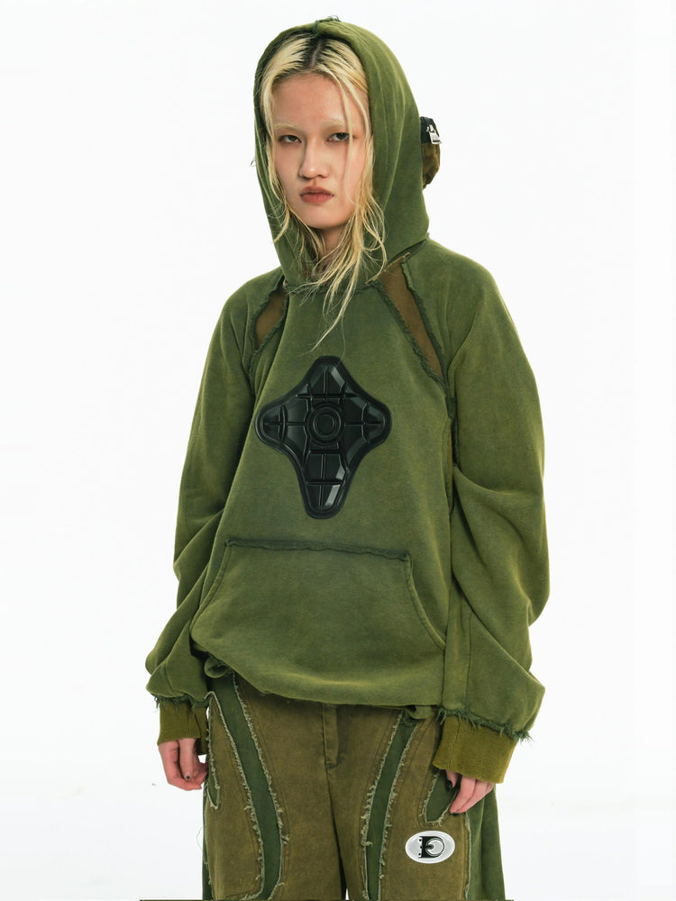 EMBRYO GREEN GUARD distressed armor hoodie — side or detail presentation