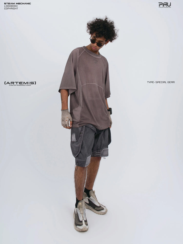 STARFIELD WELDER dust mist purple distressed mesh tee — full-length three-quarter view looking down