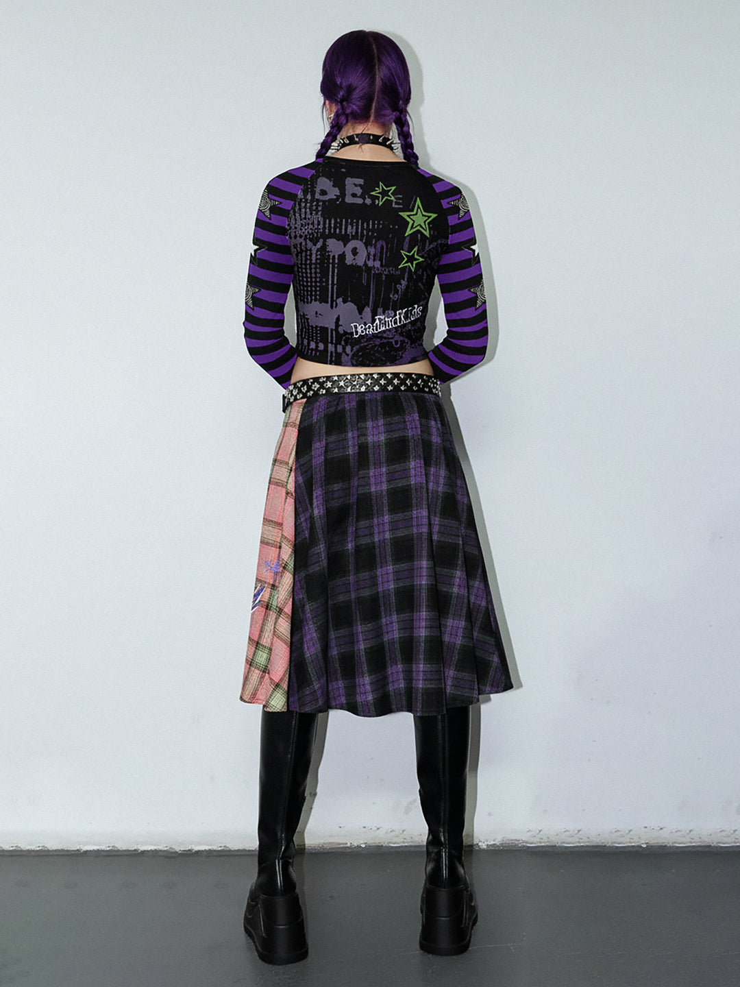DeadEndKids BadGals Club double-sided plaid A-line skirt — pink-purple full back view