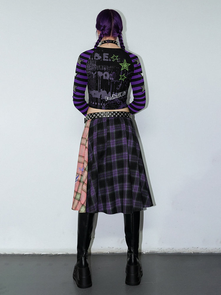DeadEndKids BadGals Club double-sided plaid A-line skirt — pink-purple full back view