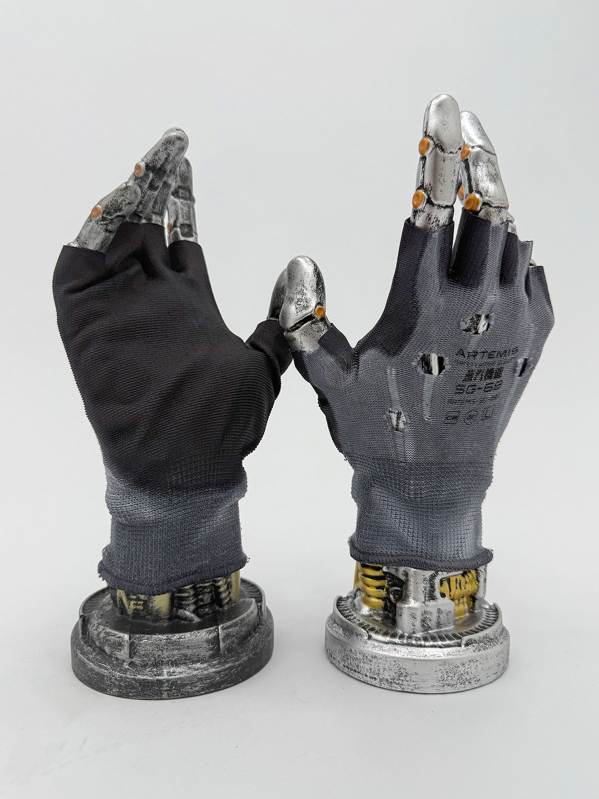STEAM FUNCTION PRECISION CASTING distressed fingerless gloves in star blue, PALM GLUE — dark coated palm and printed back views on display hands