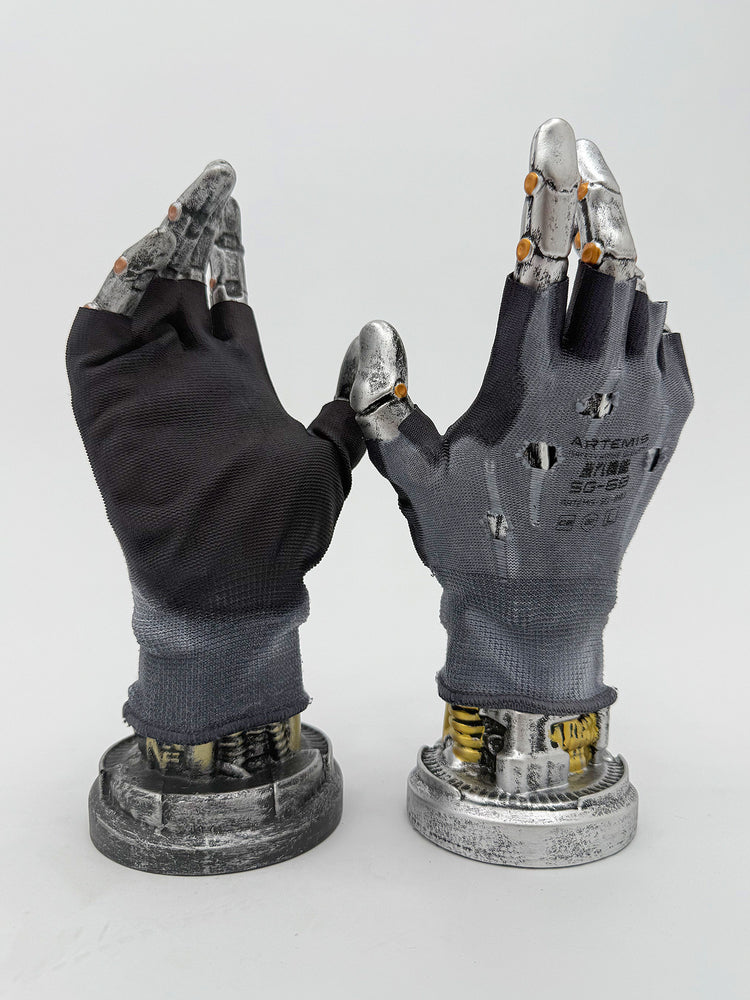 PRECISION CASTING distressed fingerless gloves in star blue, PALM GLUE — dark coated palm and printed back views on display hands