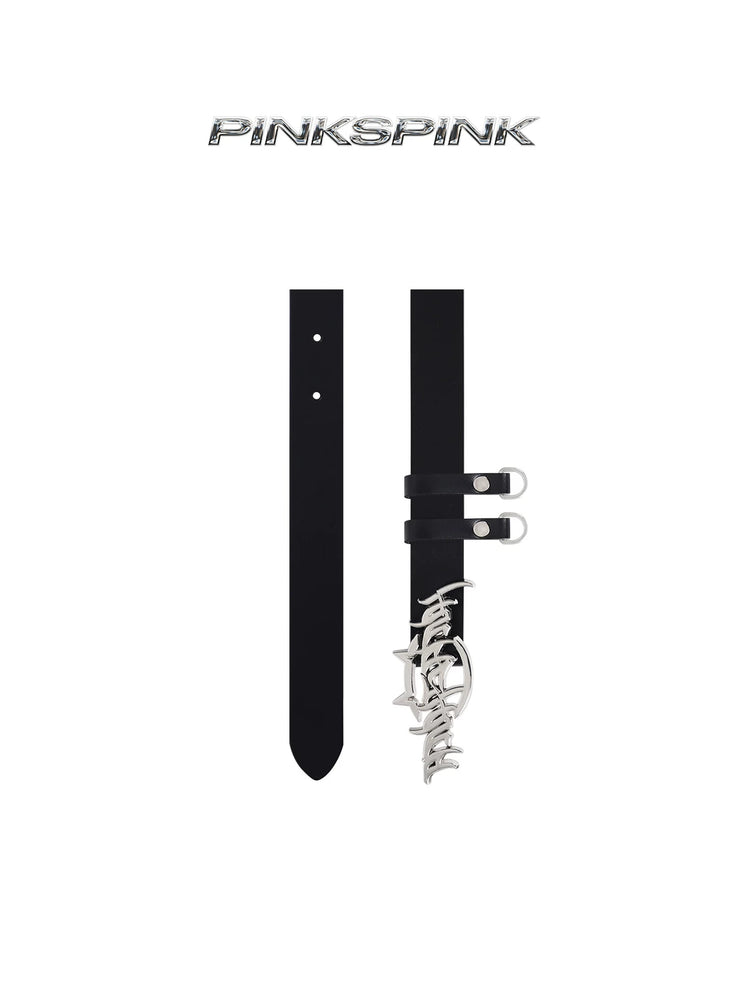 PINKSPINK CAT LOGO leather belt in black — black leather belt with cat-ear logo buckle and two hanging loops on white