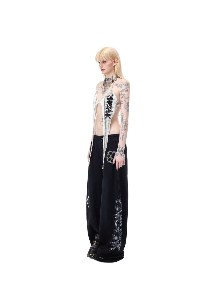 PINKSPINK THORNSTAR open-knit halter top in ivory white — full-length side modeled view showing the long pointed front panel