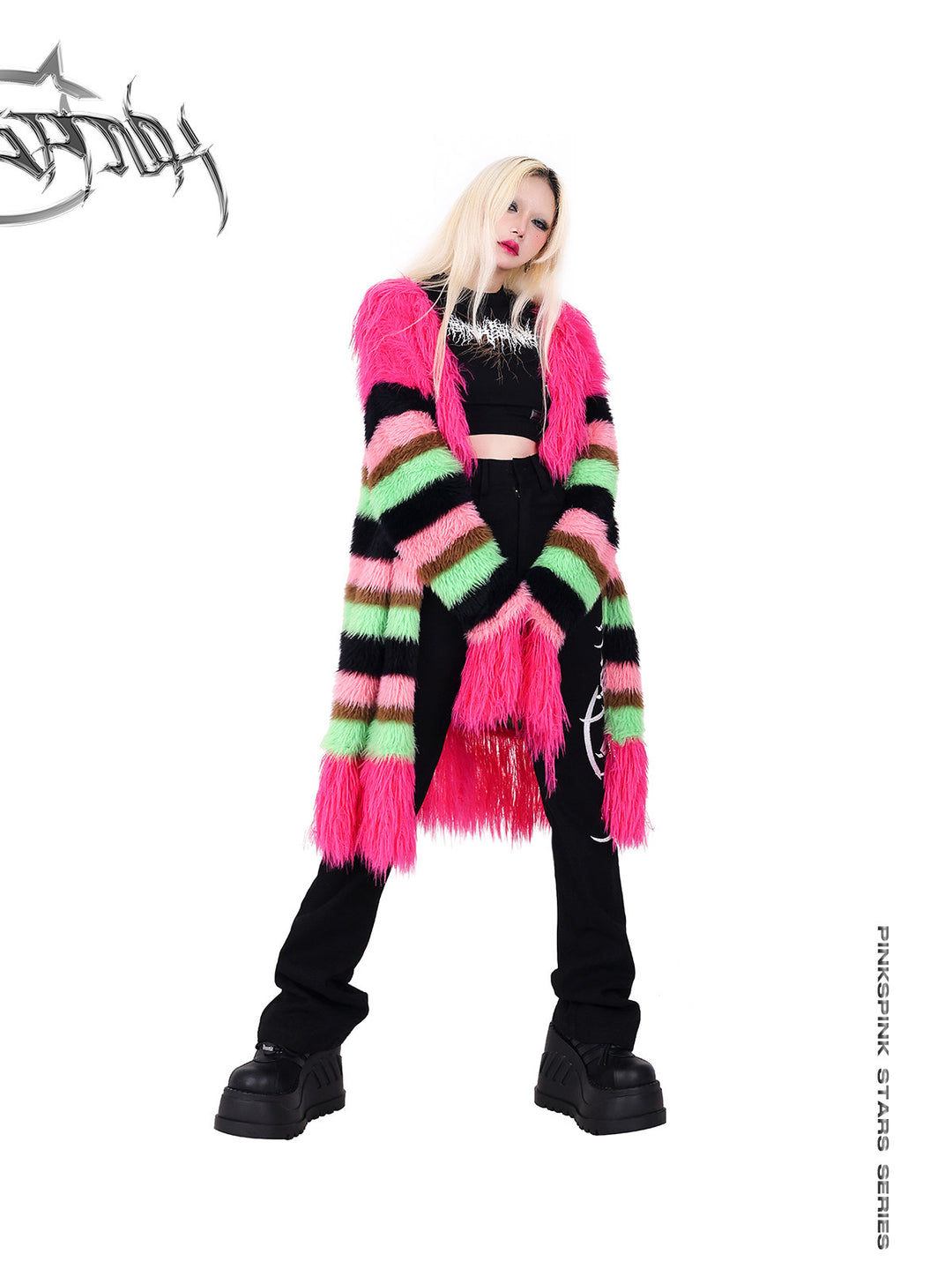 PINKSPINK FUTURE COLOR striped zip cardigan — close modeled view highlighting the construction