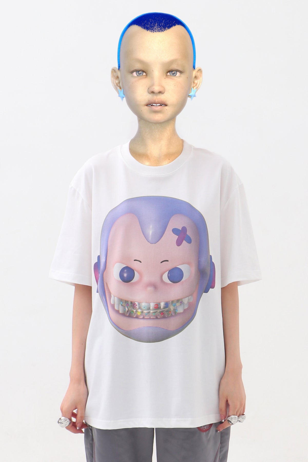 EMBRYO E23 LITTLE ONE oversized white graphic tee — rear modeled view
