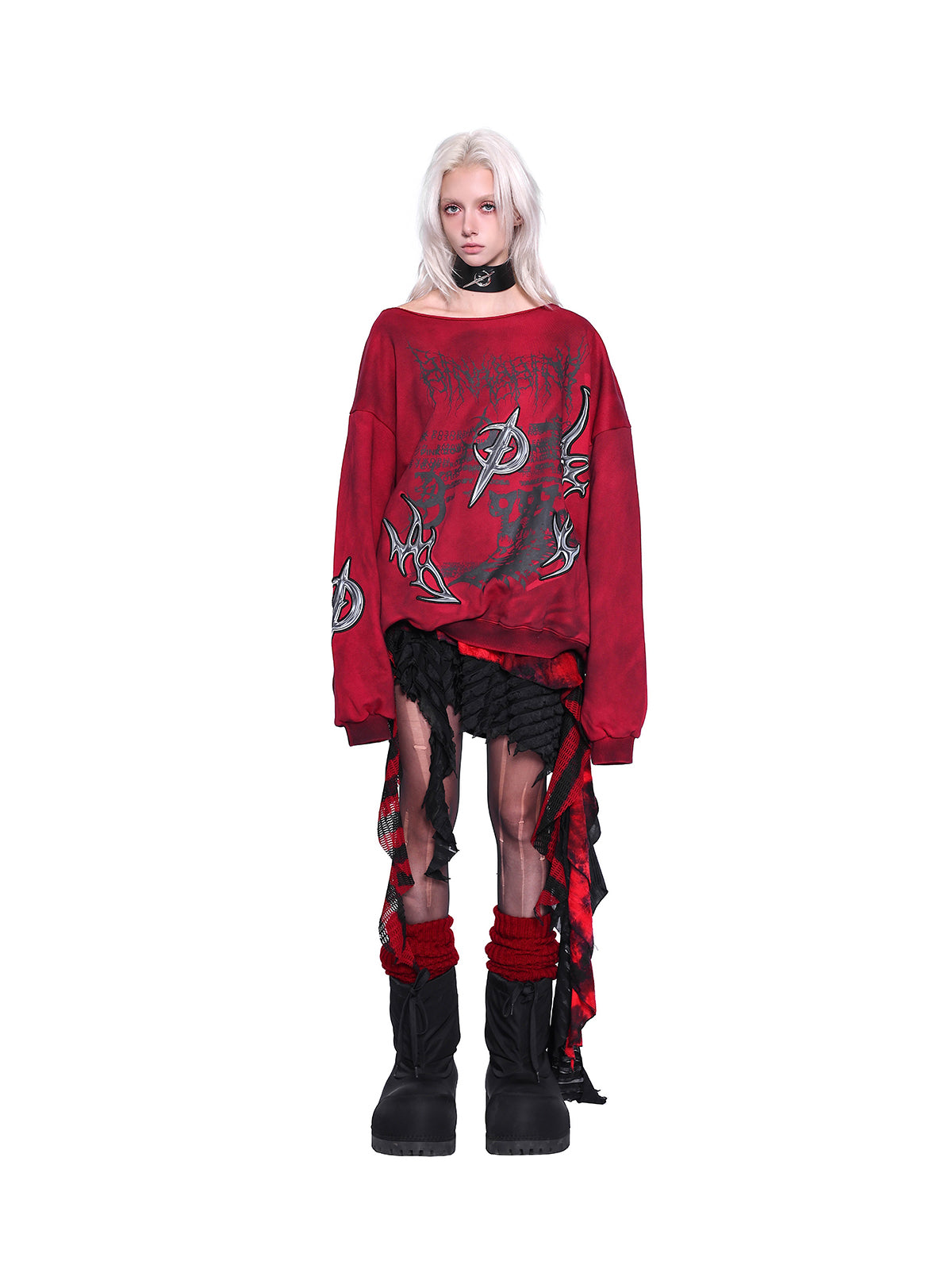PINKSPINK ELECTRIC MOON off-shoulder sweatshirt in RED — straight front view styled with a black skirt.