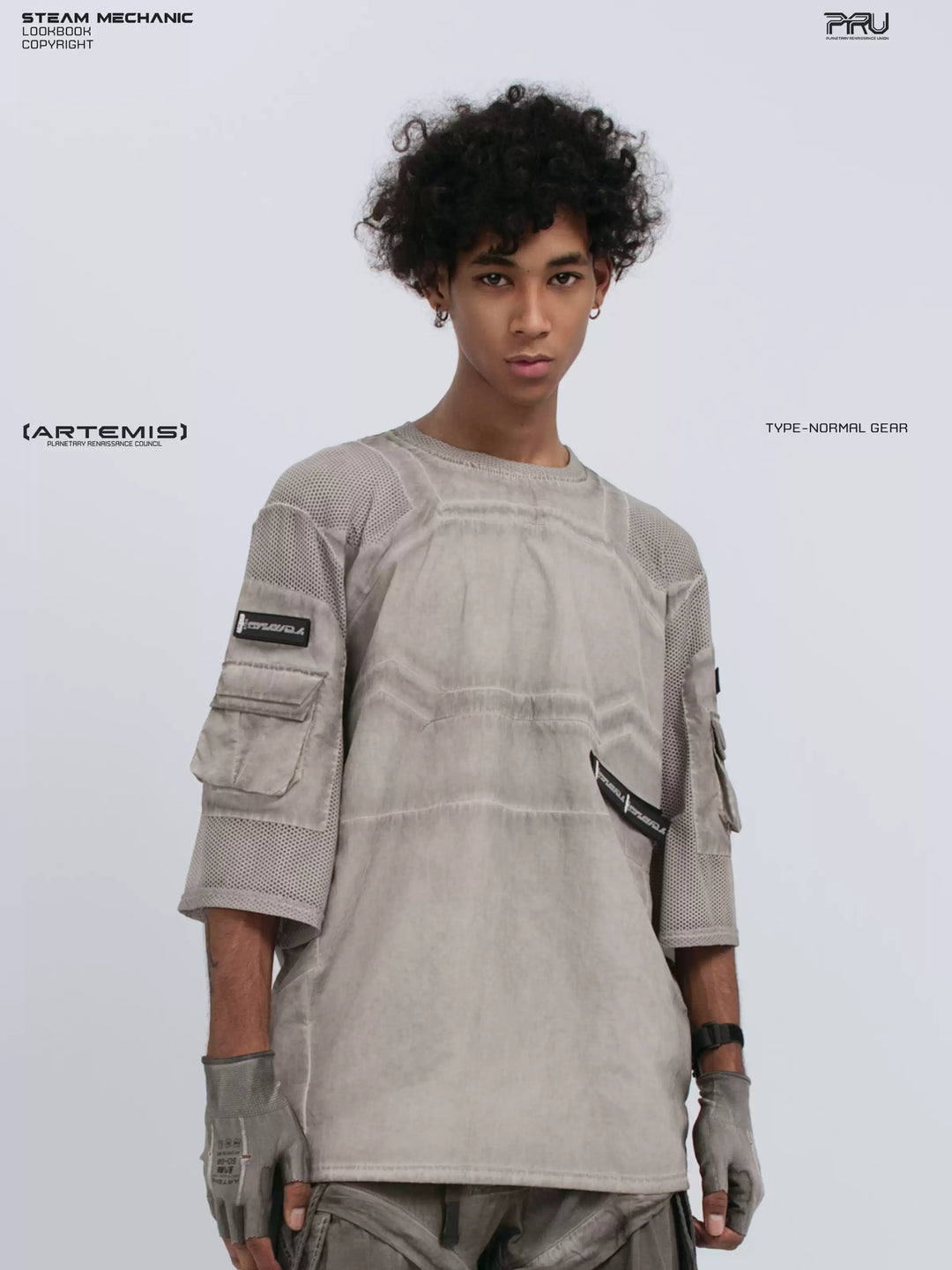 STARCORE xirang brown velcro mesh tee — angled front three-quarter modeled view showing sleeve pockets