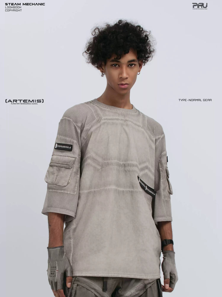 STARCORE xirang brown velcro mesh tee — angled front three-quarter modeled view showing sleeve pockets