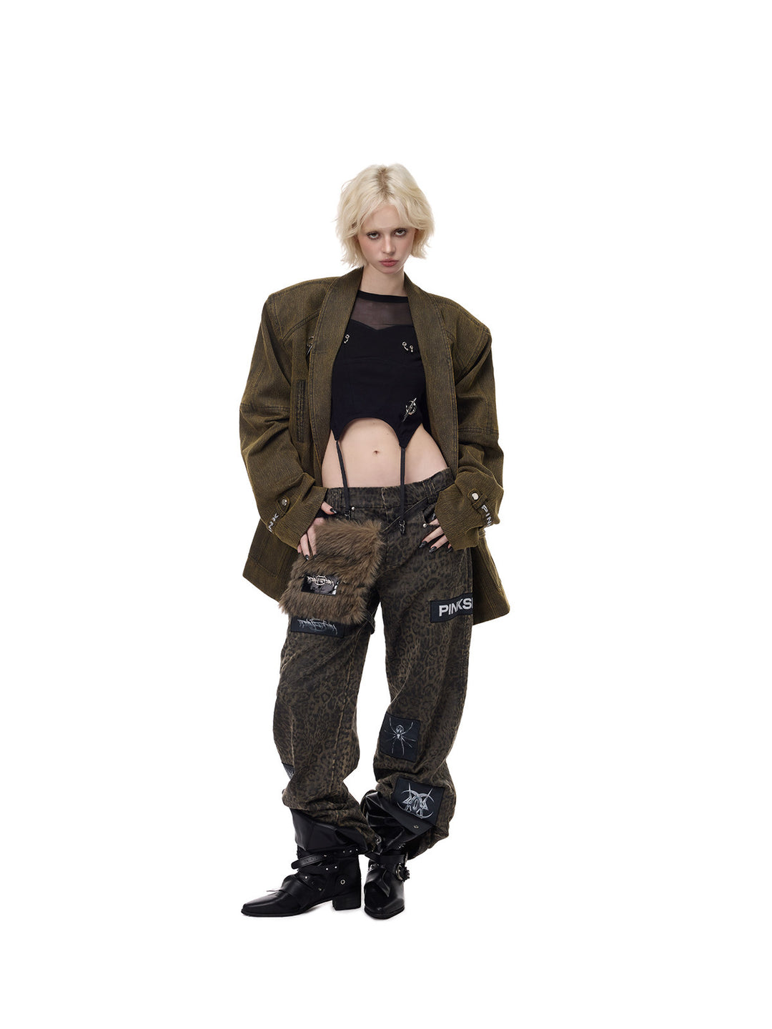 PINKSPINK LEOPARD RIOT detachable-pouch wide-leg pants — three-quarter full-length styling with blazer