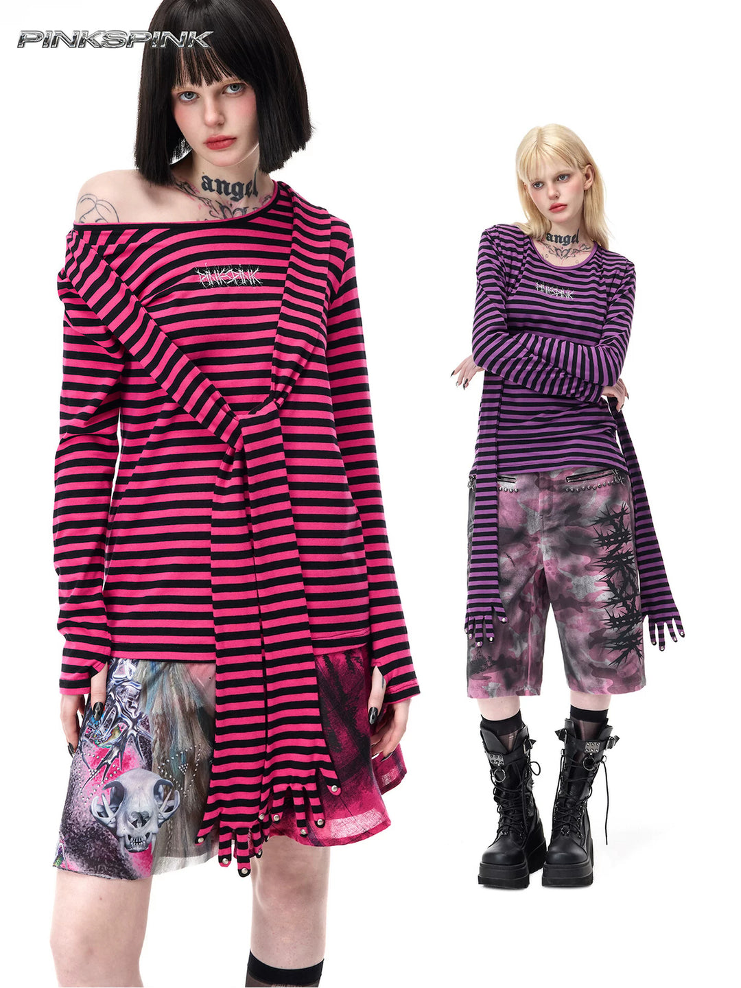 PINKSPINK GHOSTHAND striped glove-sleeve tee in pink and black / purple and black — collage of knotted-panel styling and a full-length modeled view