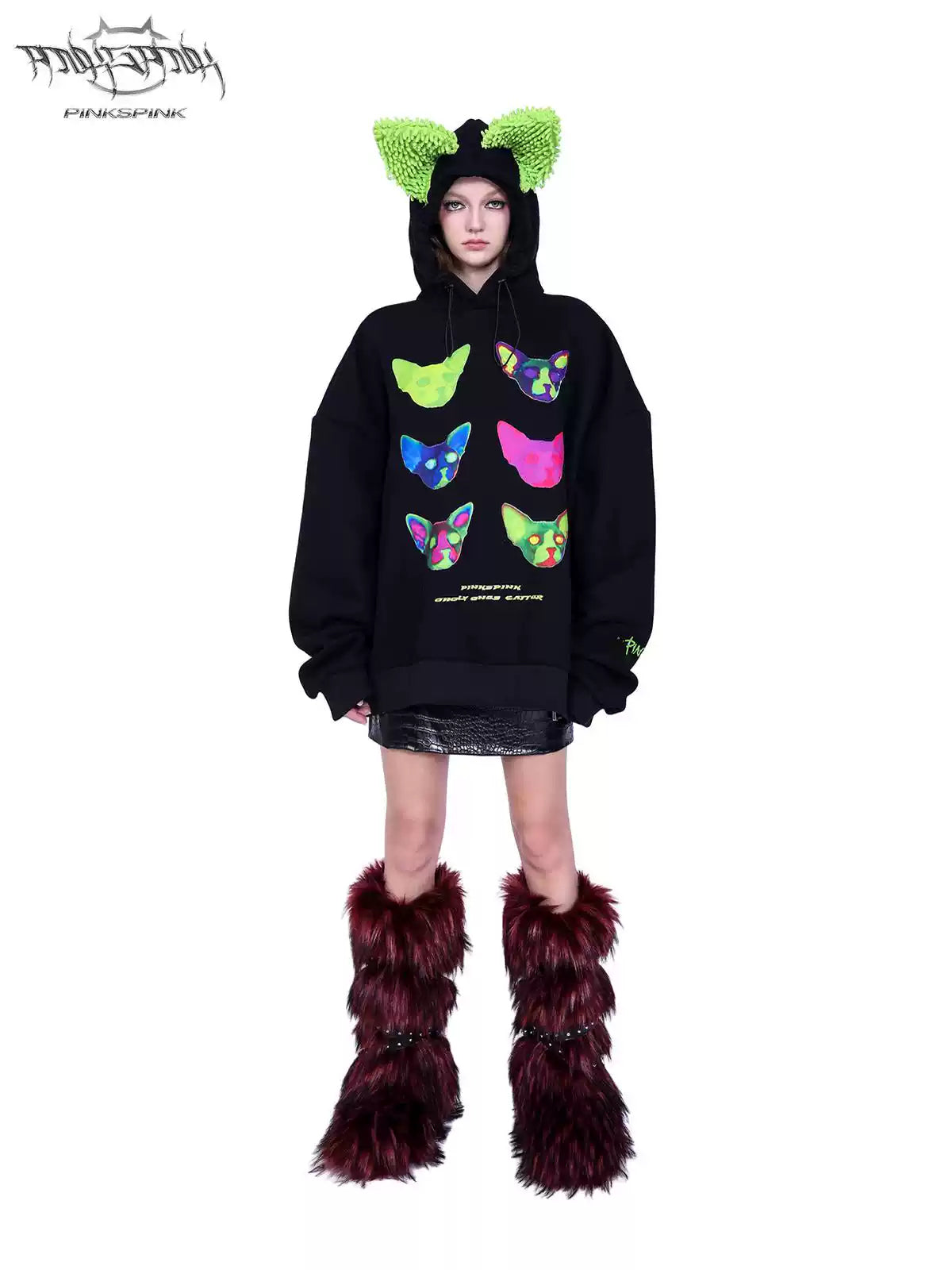 PINKSPINK SPHYNX electronic-print cat-ear hoodie — alternate modeled view showing the silhouette