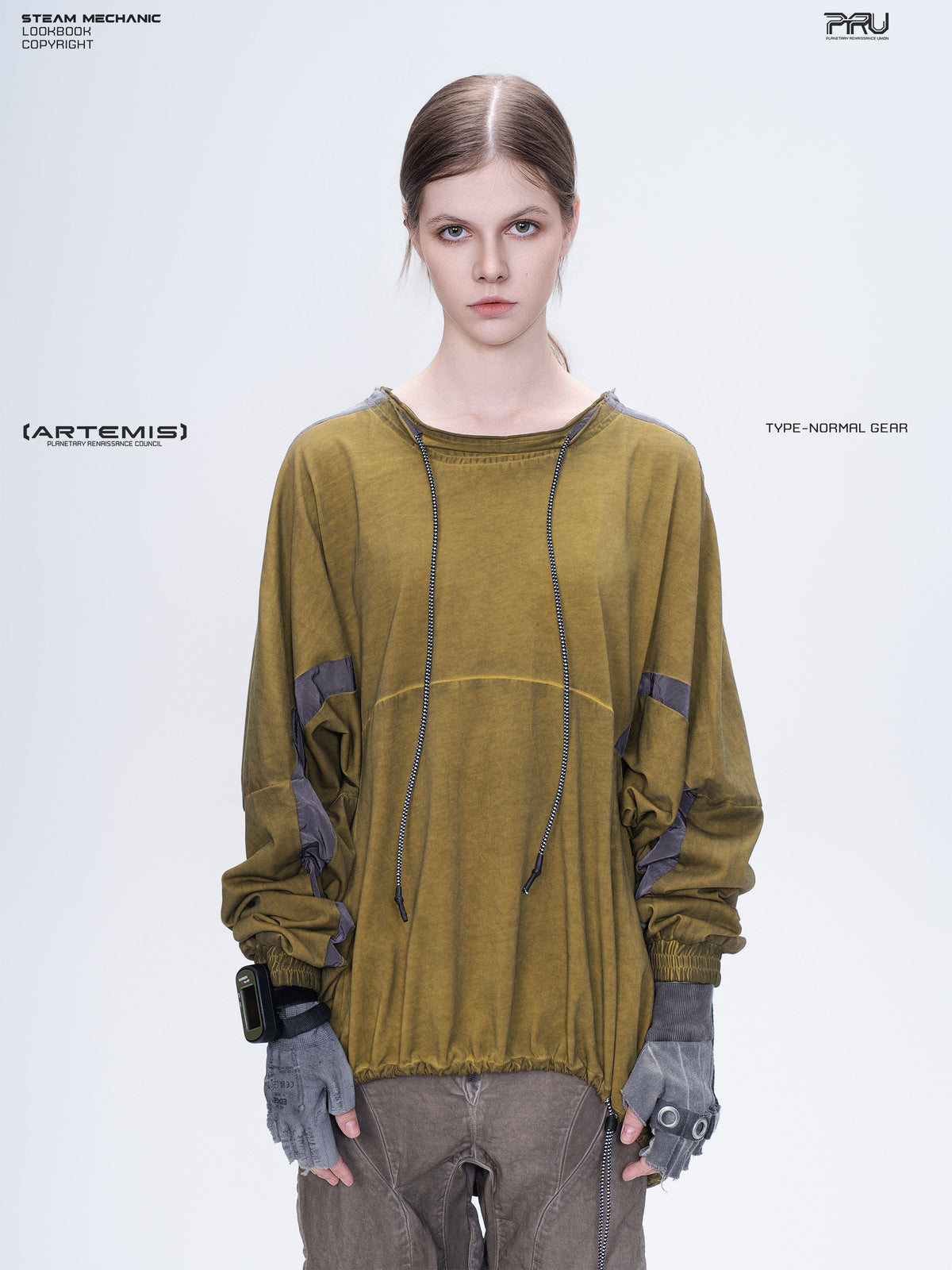 PIONEER mars yellow drawstring commuter sweatshirt — construction detail