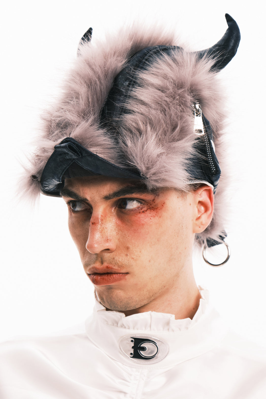 EMBRYO HORNFORM faux-fur hat & bag — close modeled view