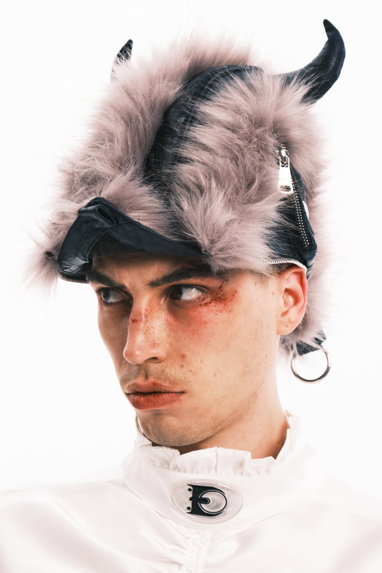 EMBRYO HORNFORM faux-fur hat & bag — close modeled view