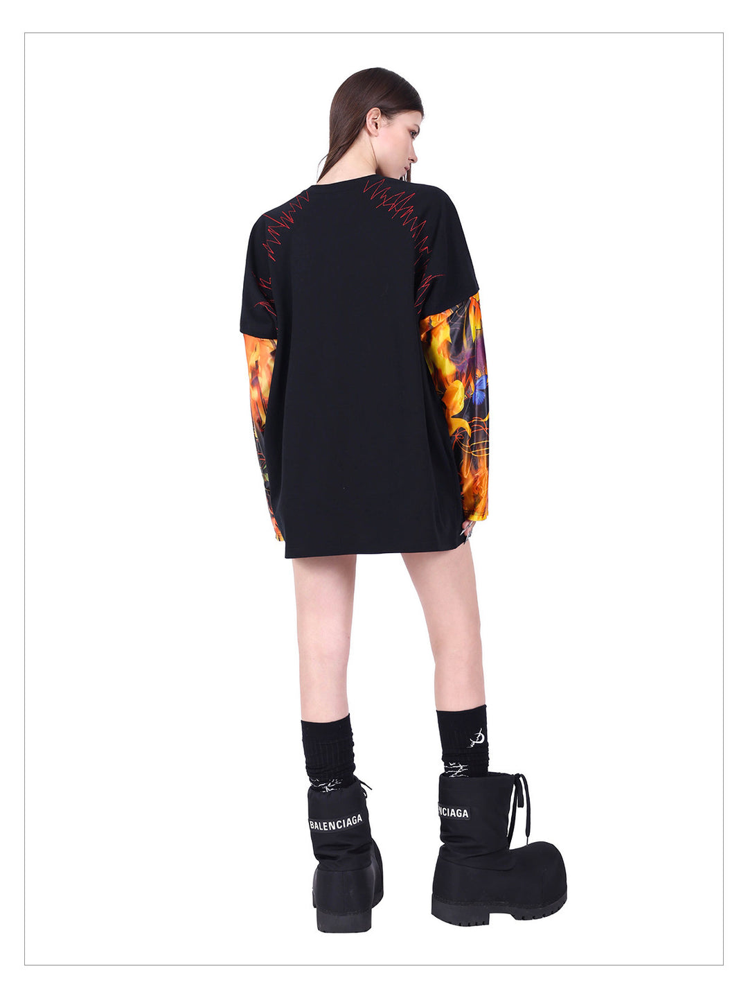 PINKSPINK FIRE CAT layered-sleeve graphic tee — alternate modeled view showing the silhouette