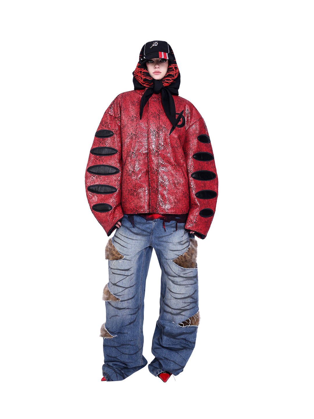 LEOPARD FUR LAYERED LOW-WAIST DENIM