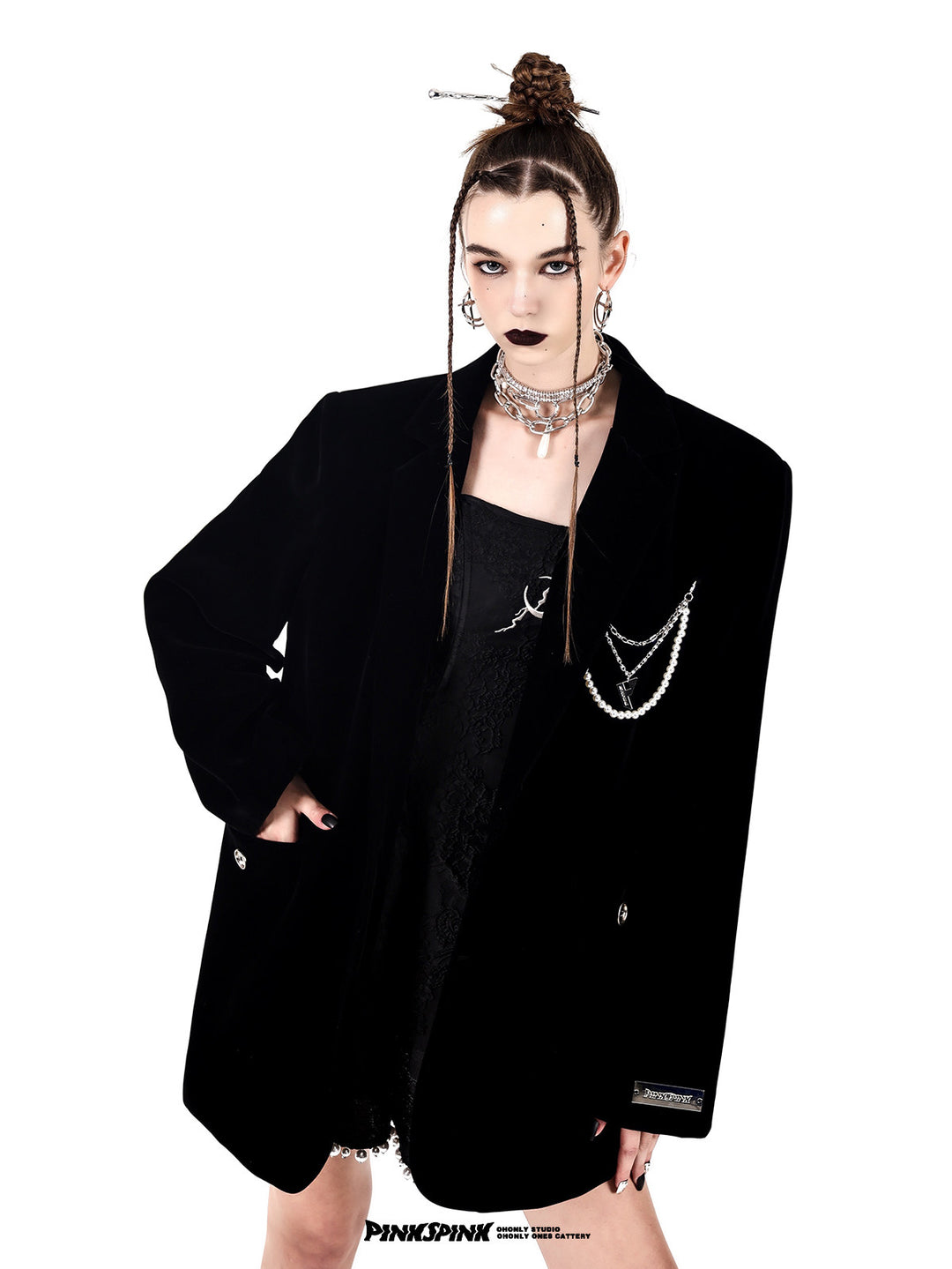 PINKSPINK DEAN pearl-chain velvet blazer — black three-quarter modeled view with hands in pockets