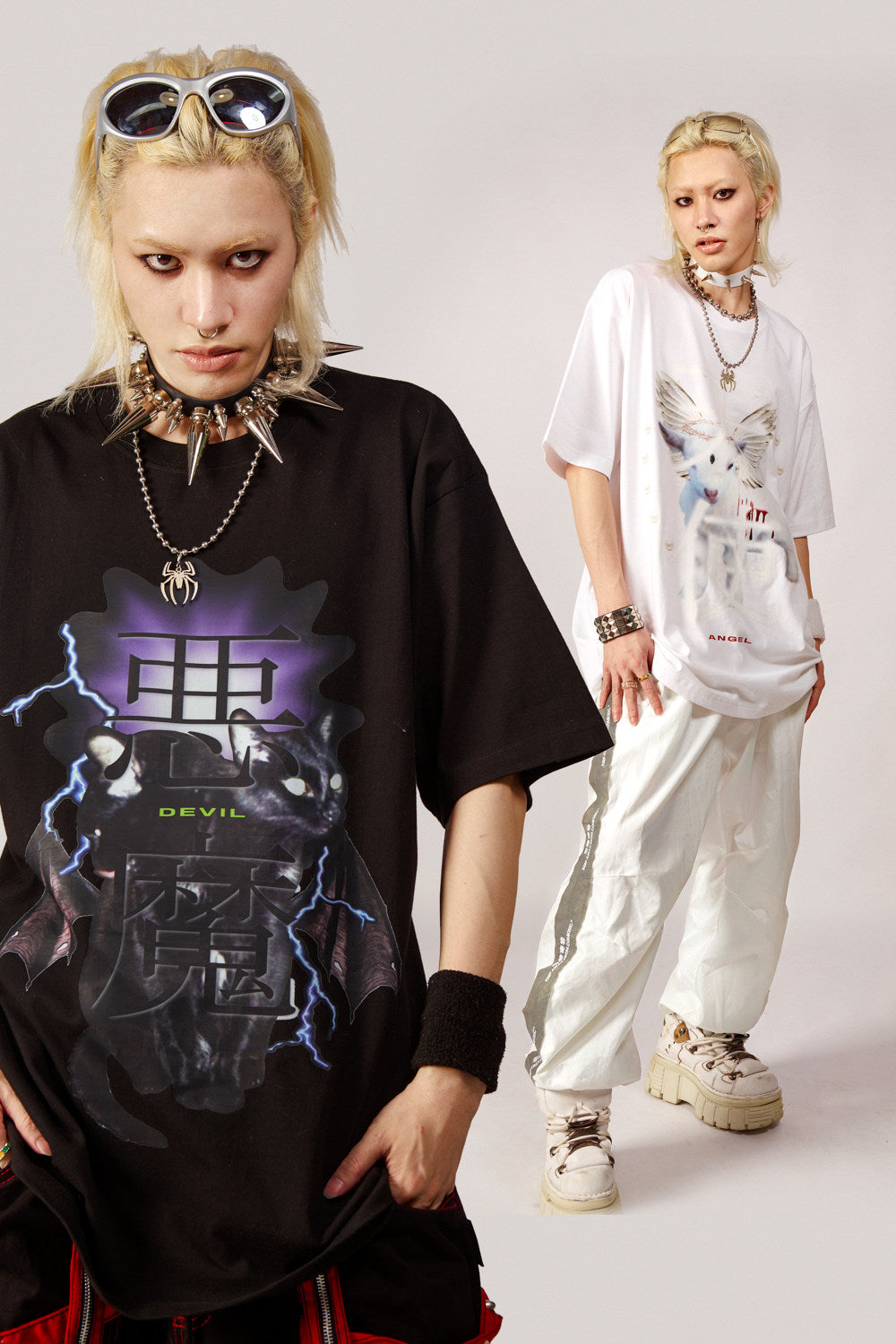 DEADENDKIDS ANGEL DEVIL oversized graphic tee — full-length modeled view