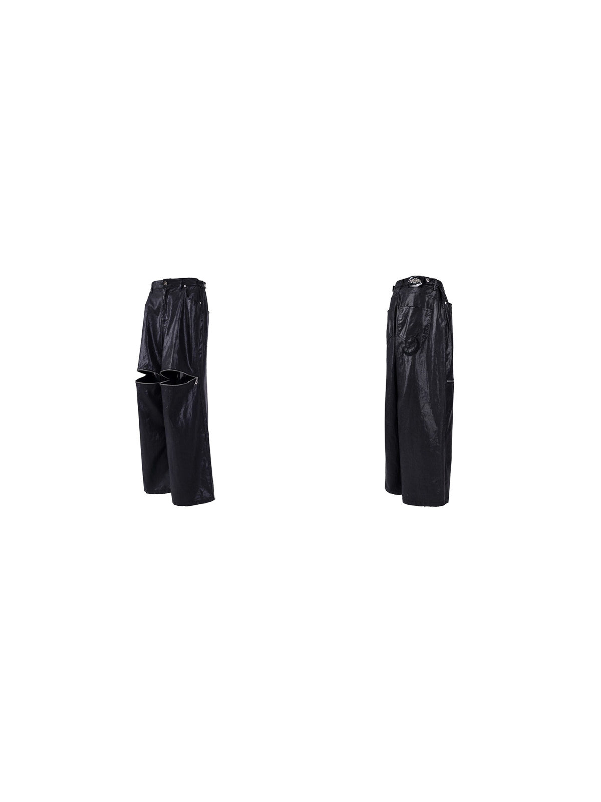 PINKSPINK ELECTRIC MOON coated zip-knee wide-leg pants in black — front and back garment-only views on a clean white background
