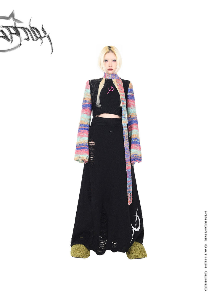 PINKSPINK ELECTRIC MOON rainbow-sleeve cropped sweater with scarf — front full-length modeled view with the scarf hanging loose