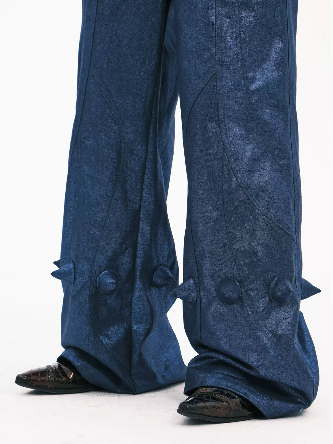 EMBRYO BLUE SPIKE metallic flare pants — side profile